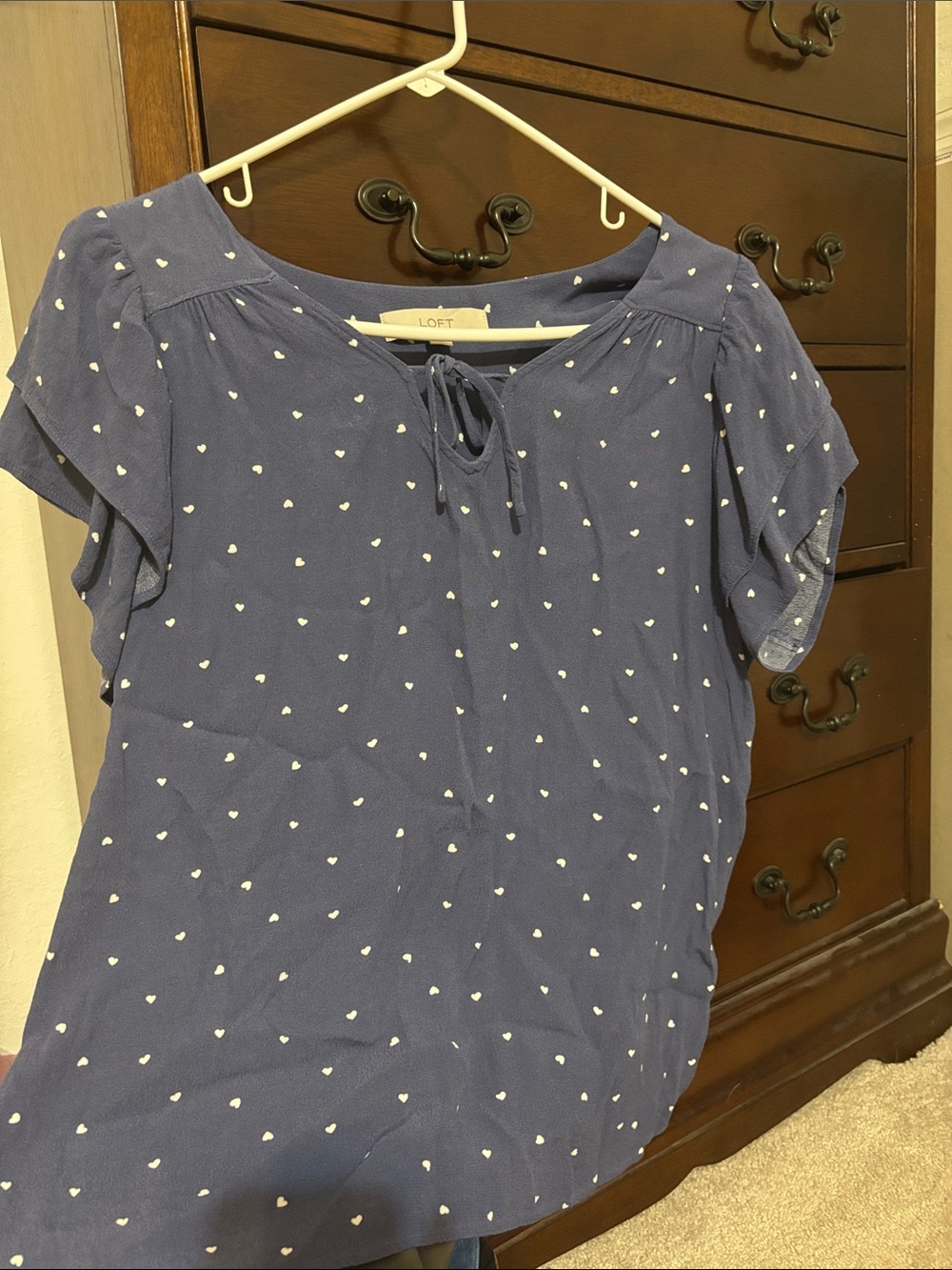 LOFT Blue Heart-Print Tie-Neck Peasant Blouse